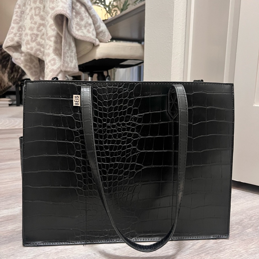 BEIS Black Croc-Embossed Tote Bag